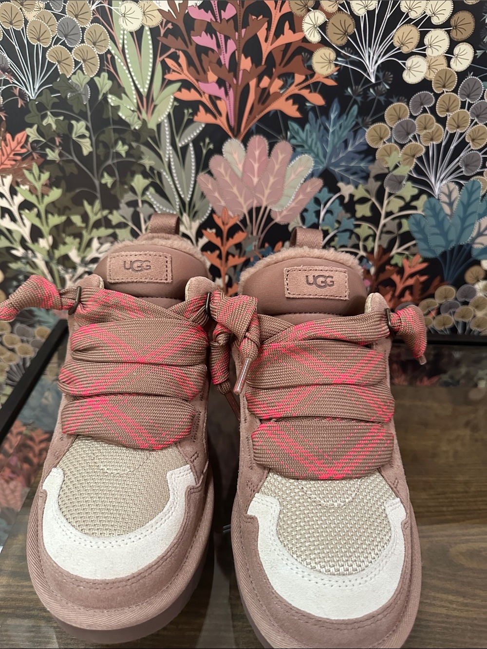 UGG Pink and Cream Suede Lace-Up Sneakers